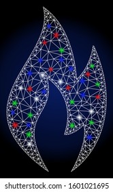 Glossy white mesh fire flame with lightspot effect. Abstract illuminated model of fire flame. Shiny wire frame triangular mesh fire flame icon. Vector abstraction on a dark blue gradient background.