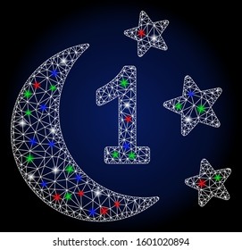 Glossy white mesh first moon night with sparkle effect. Abstract illuminated model of first moon night. Shiny wire frame triangular mesh first moon night icon.