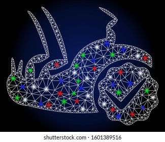 Glossy white mesh flea control with glare effect. Abstract illuminated model of flea control. Shiny wire carcass polygonal mesh flea control icon.