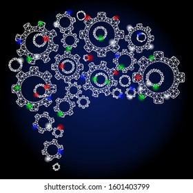 Glossy white mesh gear brain with glare effect. Abstract illuminated model of gear brain. Shiny wire carcass triangular mesh gear brain icon. Vector abstraction on a dark blue gradient background.