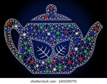Glossy white mesh green tea teapot with glare effect. Abstract illuminated model of green tea teapot. Shiny wire carcass triangular mesh green tea teapot icon.