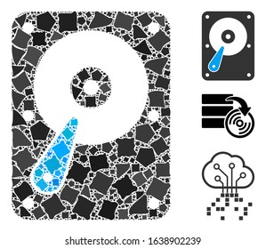 Glossy white mesh hard disk with sparkle effect. Abstract illuminated model of hard disk. Shiny wire frame triangular mesh hard disk icon on a black background.