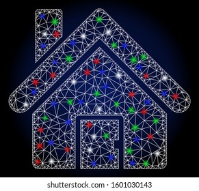 Glossy white mesh house with sparkle effect. Abstract illuminated model of house. Shiny wire frame triangular mesh house icon. Vector abstraction on a dark blue gradient background.