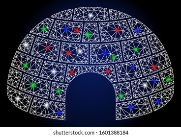 Glossy white mesh igloo with glow effect. Abstract illuminated model of igloo. Shiny wire frame triangular network igloo icon. Vector abstraction on a dark blue gradient background.
