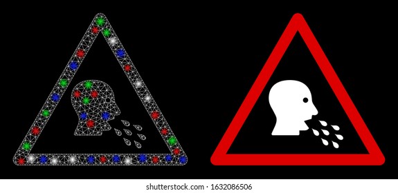 Glossy white mesh infected patient warning with glare effect. Abstract illuminated model of infected patient warning.