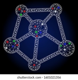 Glossy white mesh network links with lightspot effect. Abstract illuminated model of network links. Shiny wire frame polygonal mesh network links icon.