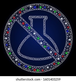 Glossy white mesh no analysis retort with lightspot effect. Abstract illuminated model of no analysis retort. Shiny wire frame triangular mesh no analysis retort icon.