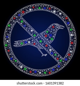 Glossy white mesh no crow with lightspot effect. Abstract illuminated model of no crow. Shiny wire frame triangular mesh no crow icon. Vector abstraction on a dark blue gradient background.