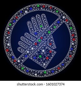 Glossy white mesh no gloves with glow effect. Abstract illuminated model of no gloves. Shiny wire frame triangular mesh no gloves icon. Vector abstraction on a dark blue gradient background.