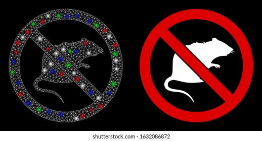 Glossy white mesh no rats with glare effect. Abstract illuminated model of no rats. Shiny wire carcass polygonal mesh no rats icon on a black background. Vector 2d mesh built from polygonal grid,