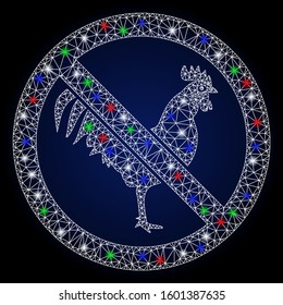 Glossy white mesh no rooster with glitter effect. Abstract illuminated model of no rooster. Shiny wire frame triangular network no rooster icon. Vector abstraction on a dark blue gradient background.