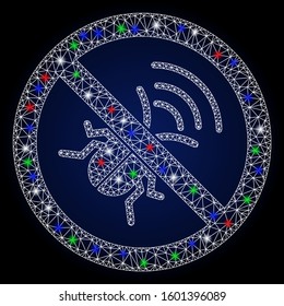 Glossy white mesh no spy bug with sparkle effect. Abstract illuminated model of no spy bug. Shiny wire frame polygonal network no spy bug icon. Vector abstraction on a dark blue gradient background.