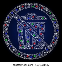 Glossy white mesh no trash can with glow effect. Abstract illuminated model of no trash can. Shiny wire frame triangular mesh no trash can icon. Vector abstraction on a dark blue gradient background.