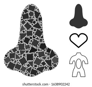 Glossy white mesh nose with glow effect. Abstract illuminated model of nose. Shiny wire frame triangular mesh nose icon on a black background. Vector 2d mesh designed with triangular lines,