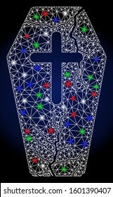 Glossy white mesh old coffin with glow effect. Abstract illuminated model of old coffin. Shiny wire frame polygonal network old coffin icon. Vector abstraction on a dark blue gradient background.