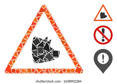 Glossy white mesh pork warning with glow effect. Abstract illuminated model of pork warning. Shiny wire frame triangular network pork warning icon on a black background.
