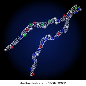 Glossy white mesh river with sparkle effect. Abstract illuminated model of river. Shiny wire carcass polygonal mesh river icon. Vector abstraction on a dark blue gradient background.