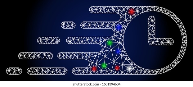 Glossy white mesh rush clock with glitter effect. Abstract illuminated model of rush clock. Shiny wire frame triangular mesh rush clock icon. Vector abstraction on a dark blue gradient background.