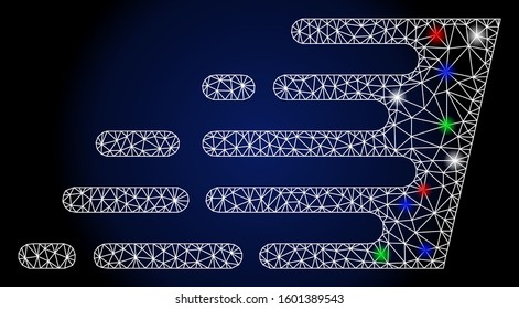 Glossy white mesh rush effect with glare effect. Abstract illuminated model of rush effect. Shiny wire frame triangular mesh rush effect icon. Vector abstraction on a dark blue gradient background.
