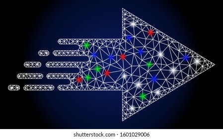 Glossy white mesh rush move right with glow effect. Abstract illuminated model of rush move right. Shiny wire carcass triangular mesh rush move right icon.