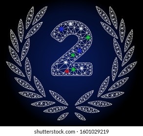 Glossy white mesh second laurel wreath with glare effect. Abstract illuminated model of second laurel wreath. Shiny wire carcass polygonal mesh second laurel wreath icon.