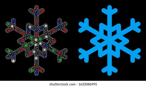 Glossy white mesh snowflake with glow effect. Abstract illuminated model of snowflake. Shiny wire carcass triangular mesh snowflake icon on a black background. Vector 2d mesh designed with triangles,