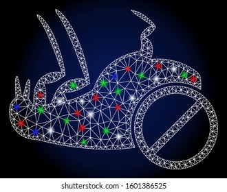 Glossy white mesh stop flea with glare effect. Abstract illuminated model of stop flea. Shiny wire frame polygonal network stop flea icon. Vector abstraction on a dark blue gradient background.