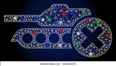 Glossy white mesh stop tanks with glare effect. Abstract illuminated model of stop tanks. Shiny wire carcass polygonal mesh stop tanks icon. Vector abstraction on a dark blue gradient background.