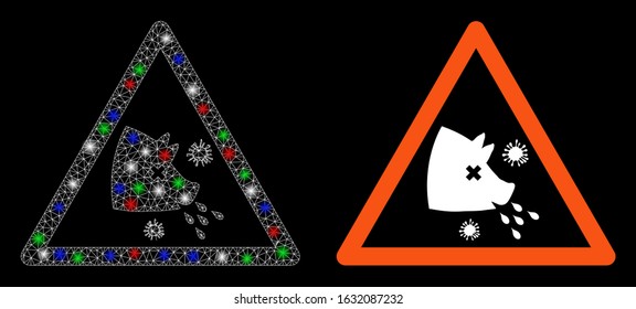 Glossy white mesh swine flu warning with glow effect. Abstract illuminated model of swine flu warning. Shiny wire carcass triangular mesh swine flu warning icon on a black background.