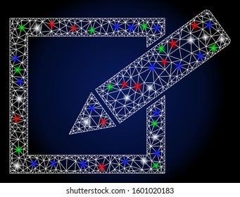 Glossy white mesh take a poll with glitter effect. Abstract illuminated model of take a poll. Shiny wire frame polygonal mesh take a poll icon. Vector abstraction on a dark blue gradient background.