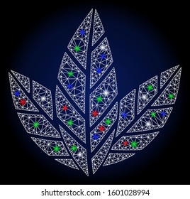 Glossy white mesh tobacco leaves with glare effect. Abstract illuminated model of tobacco leaves. Shiny wire frame polygonal mesh tobacco leaves icon.