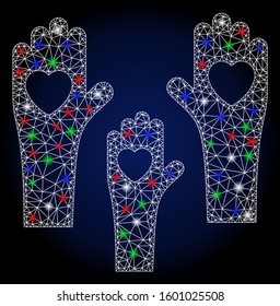 Glossy white mesh tolerance hands with glow effect. Abstract illuminated model of tolerance hands. Shiny wire frame triangular mesh tolerance hands icon.