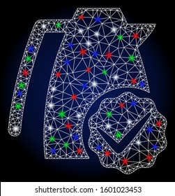 Glossy white mesh valid kettle with glow effect. Abstract illuminated model of valid kettle. Shiny wire carcass polygonal mesh valid kettle icon. Vector abstraction on a dark blue gradient background.