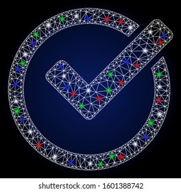 Glossy white mesh validity with lightspot effect. Abstract illuminated model of validity. Shiny wire frame polygonal mesh validity icon. Vector abstraction on a dark blue gradient background.