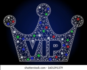 Glossy white mesh VIP crown with glow effect. Abstract illuminated model of VIP crown. Shiny wire frame triangular mesh VIP crown icon. Vector abstraction on a dark blue gradient background.