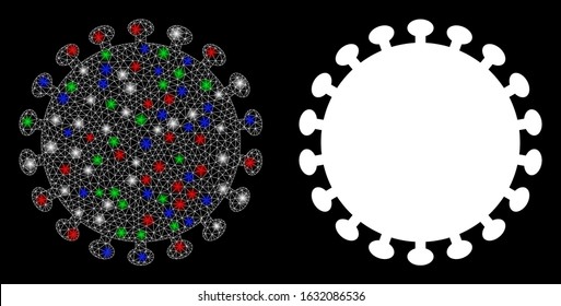 Glossy white mesh virus shell with glitter effect. Abstract illuminated model of virus shell. Shiny wire frame triangular mesh virus shell icon on a black background.