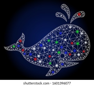 Glossy white mesh whale with glow effect. Abstract illuminated model of whale. Shiny wire frame triangular mesh whale icon. Vector abstraction on a dark blue gradient background.