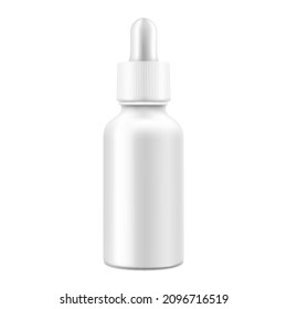 Glossy white nasal dropper bottle, isolated on white background. Medical containers. Realistic packaging mockup template. 3d Vector illustration.