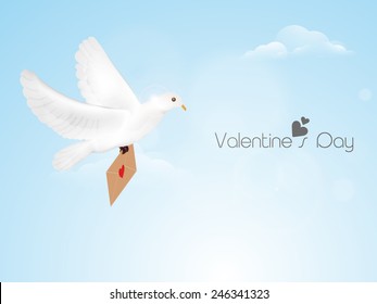 Glossy white pigeon holding love letter and flying in the sky for Happy Valentines Day celebration.