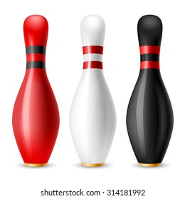 Glossy white, red and black bowling skittles standing in row. Vector illustration on sport bowling theme. Isolated on white background.