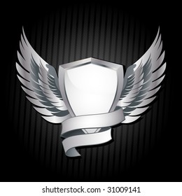 Glossy White Shield With Silver Wings And Plaque On A Texture Background