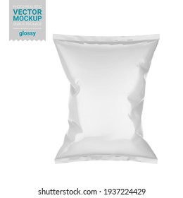 Glossy white snack package. Photo-realistic packaging mockup template. Front view. Vector 3d illustration. Contains an accurate mesh to wrap your artwork with the correct envelope distortion.