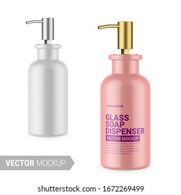 Glossy white soap dispenser bottle. Editable bottle and pump colors. Contains accurate mesh to wrap your design with envelope distortion. Photo-realistic packaging mockup template. Vector illustration
