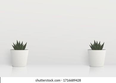 Glossy white table with cactus in white ceramic pot isolated on background. Empty shiny desk with copy space. Creative design workspace. Minimal workplace mockup. Realistic vector illustration.