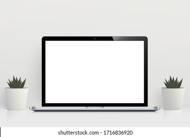 Mesa blanca brillante con ordenador portátil y cactus en la olla aislada en el fondo. Un escritorio brillante vacío con espacio para copiar. Espacio de trabajo de diseño creativo con equipo portátil. Mínima burla en el lugar de trabajo. concepto vectorial