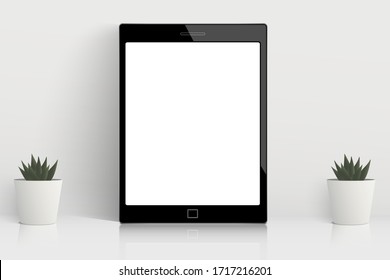 Glossy white table with tablet and cactus in pot isolated on background. Empty shinny desk with copy space. Creative design workspace with mobile computer. Minimal workplace mockup. vector concept