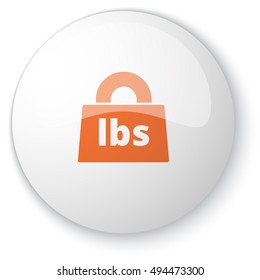 Glossy white web button with orange Weight Pounds icon on white background