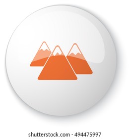 Glossy white web button with orange Mountain icon on white background