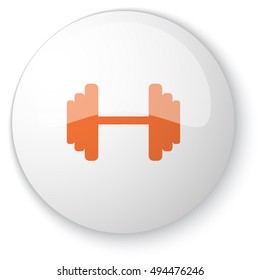 Glossy white web button with orange Dumbbell icon on white background