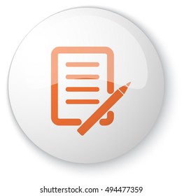 Glossy white web button with orange Pen And Paper icon on white background